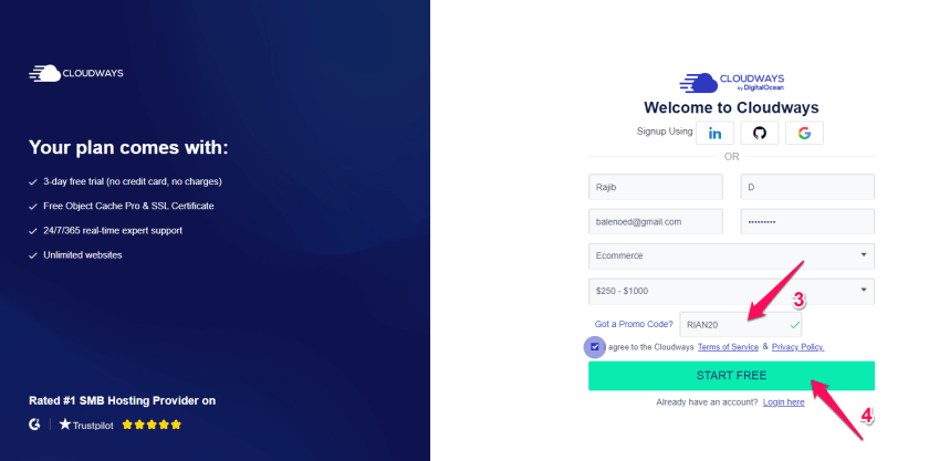 Cloudways Sign Up Page